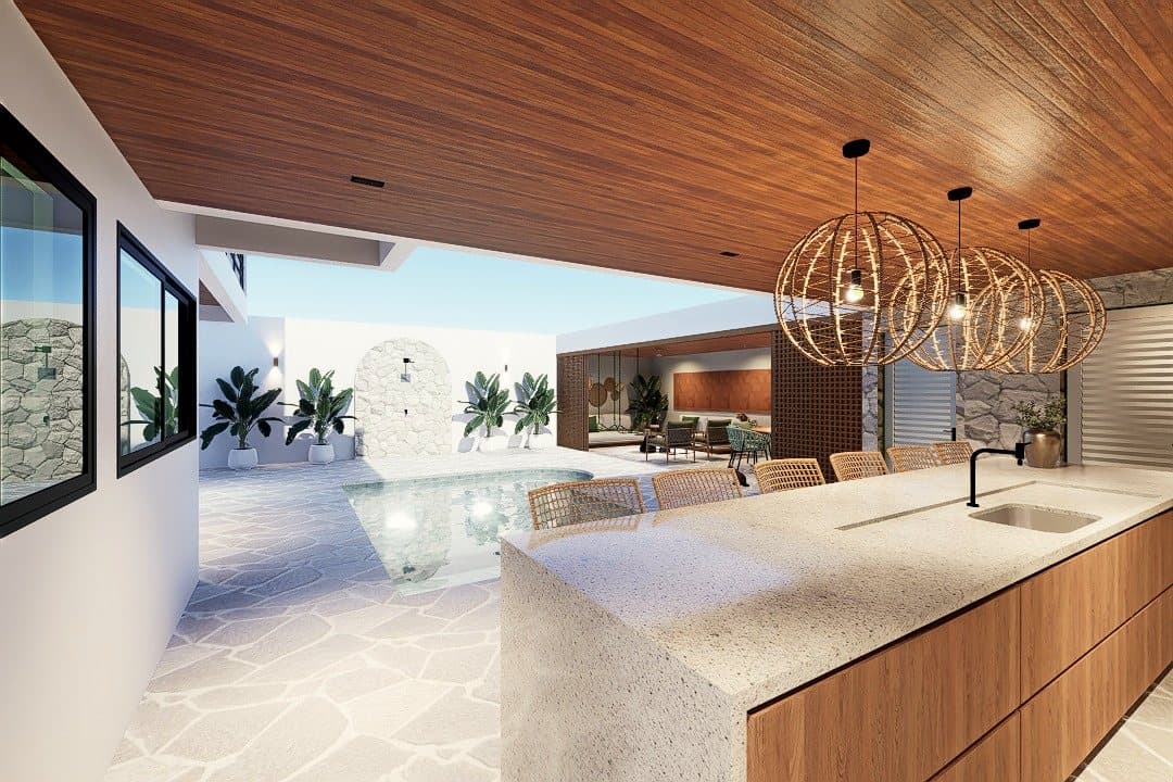 Bancada gourmet voltada para a piscina